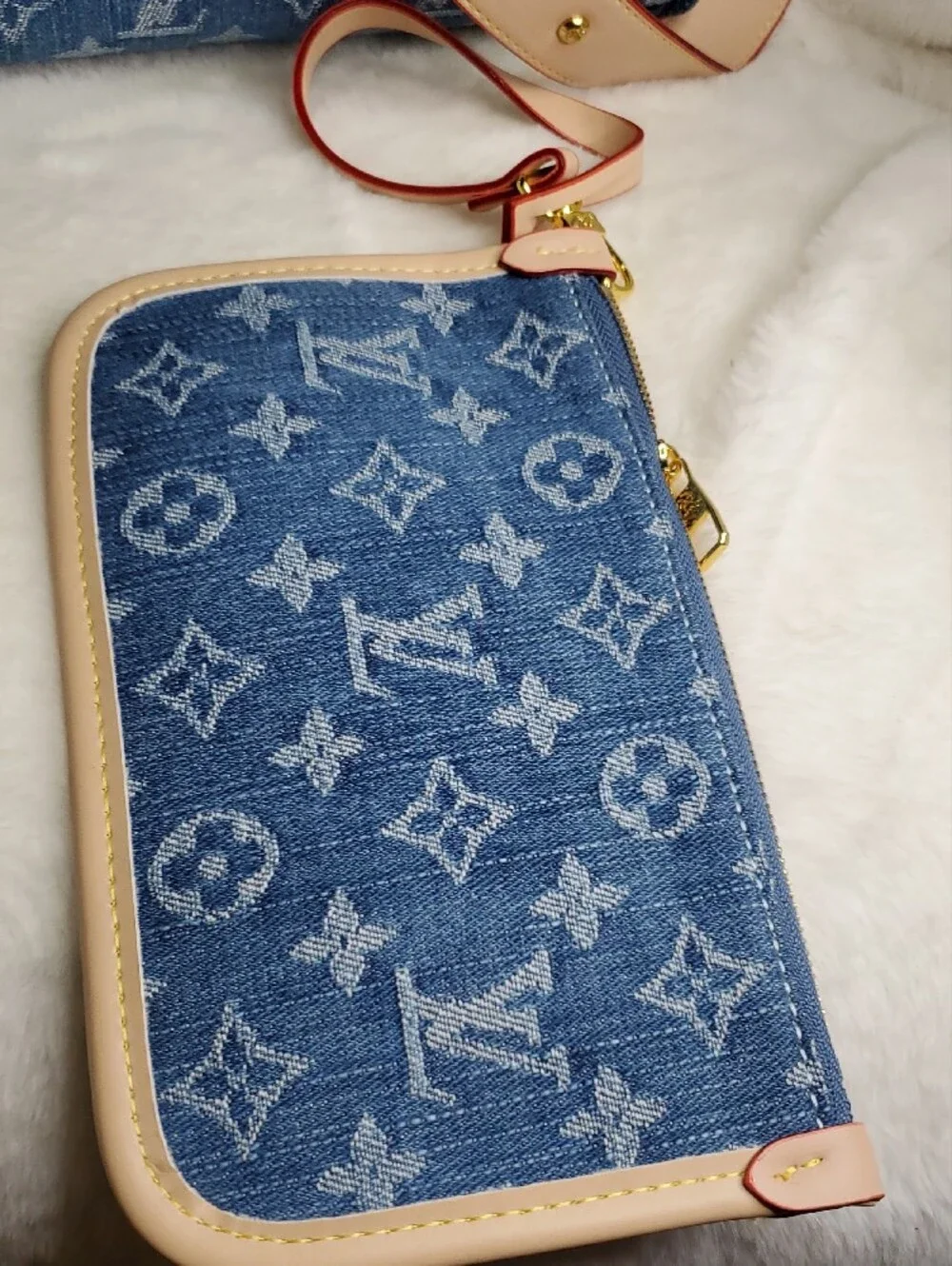 Blue Monogram Denim Shoulder Bag with Beige Trim